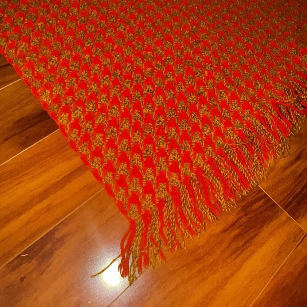 Vintage 60s 70s Pendleton Wool Houndstooth Fringed Throw Blanket Orange 53 x 62